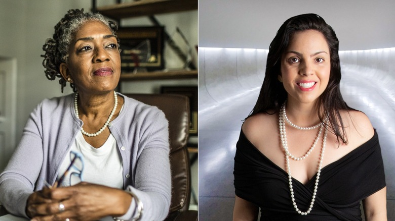 An older woman wearing a single pearl necklace next to a woman wearing layered pearl necklaces