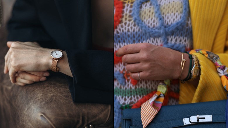 A person wearing a leather watch and blazer next to someone wearing a gold watch stacked with bracelets