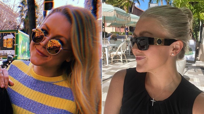 Karoline Leavitt posing in outdated sunglasses looks