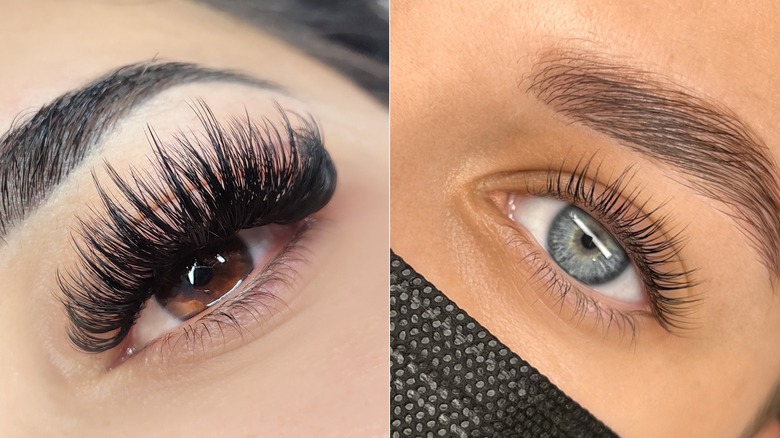 A side by side of dramatic eyelashes and natural eyelashes
