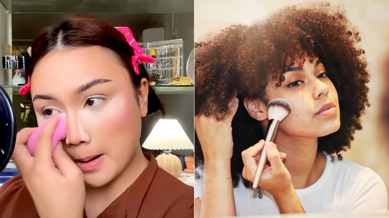 A side by side of of a woman baking her makeup and a woman powder with a brush