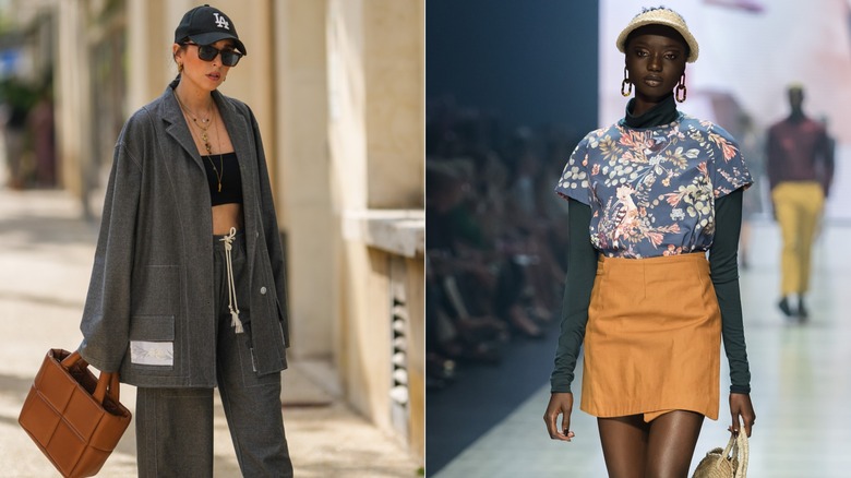 A side-by-side image of a woman wearing a dad cap and a woman wearing a woven visor