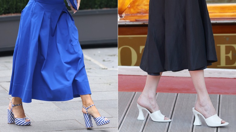 Blue-and-white striped platform block heels next to white flared mules