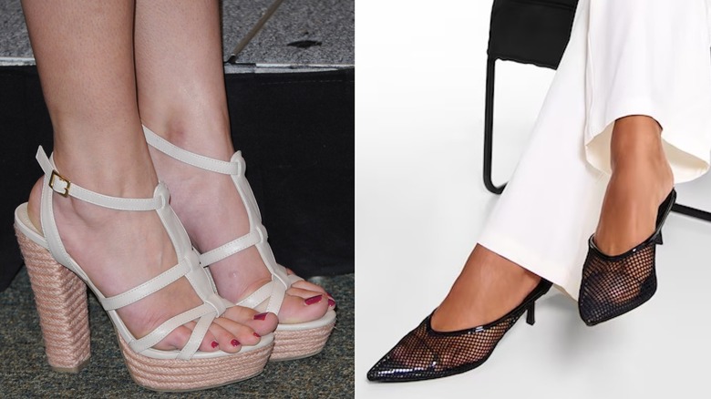 Espadrille platform T-bar heels next to mesh kitten heels with pointy toes