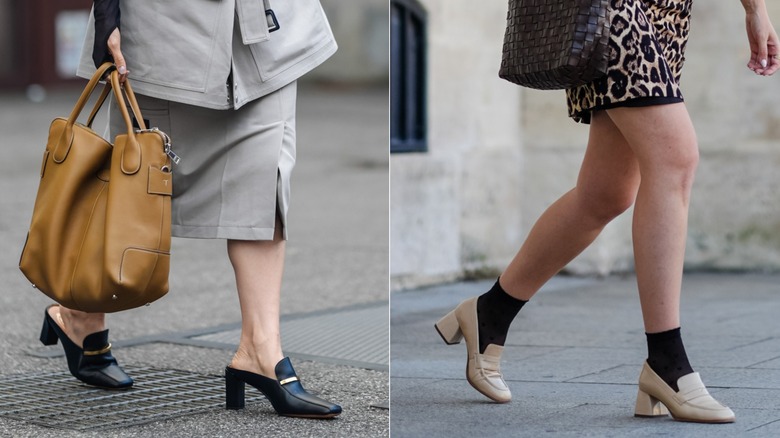 Black heeled loafer mules next to cream heeled loafers worn with socks