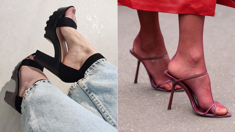 Lug sole black heels next to flat-sole slip-on strappy heels