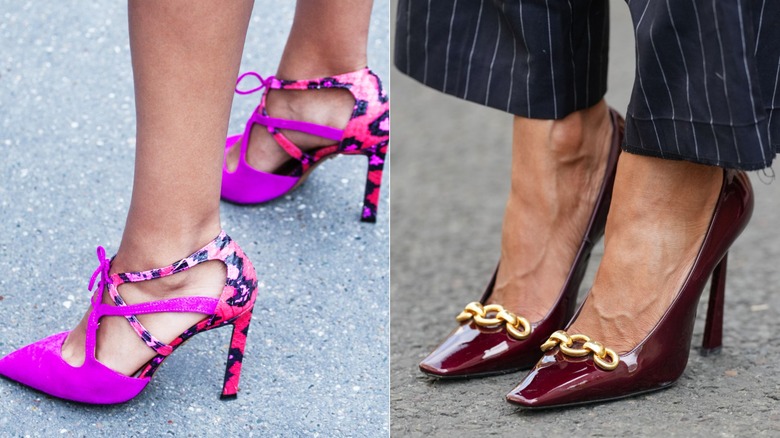 Neon-pink pointy-toe heels next to almond-toe heels in earthy maroon leather