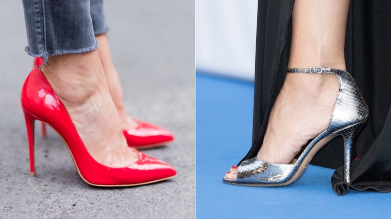 Bright red patent leather pumps next to metallic heeled sandals