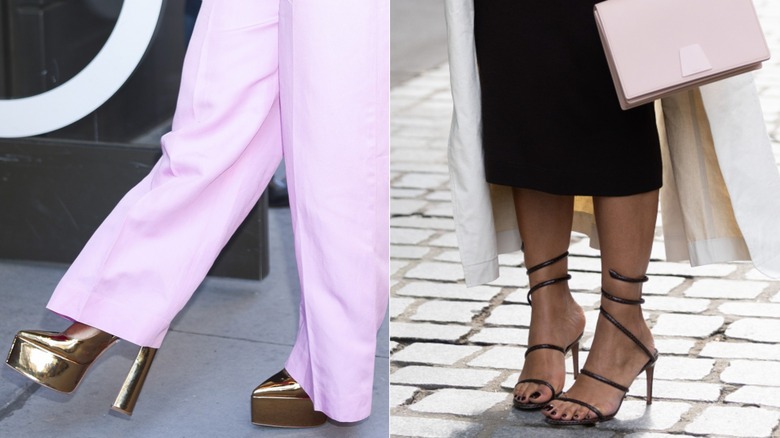 Gold platform heels next to strappy minimalist black sandals