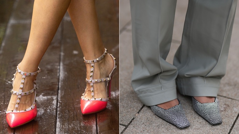 Red pointy Valentino rockstud shoes next to almond-toe heels worn with baggy pants
