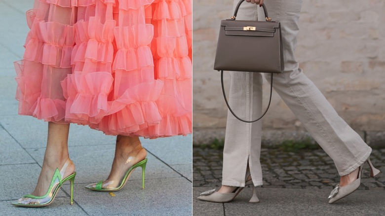 Thin spring-green pointy stilettos worn with a dress next to architectural heels worn with pants