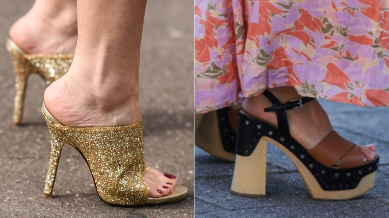 Gold sparkly mules with stilettos next to black and tan heeled clogs.