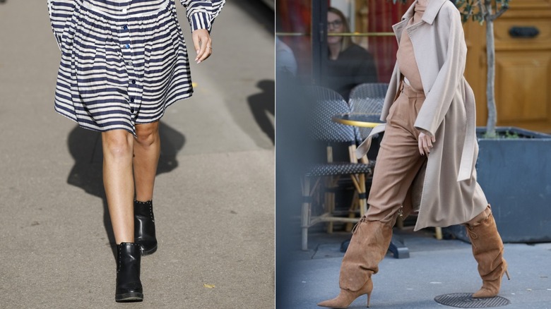 Women wearing ankle boots on the left and suede boots on the right