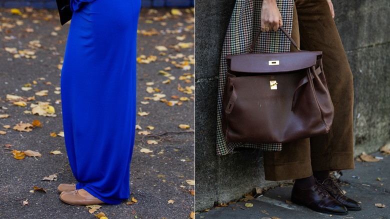 Women wearing ballet flats on the left and derby shoes on the right