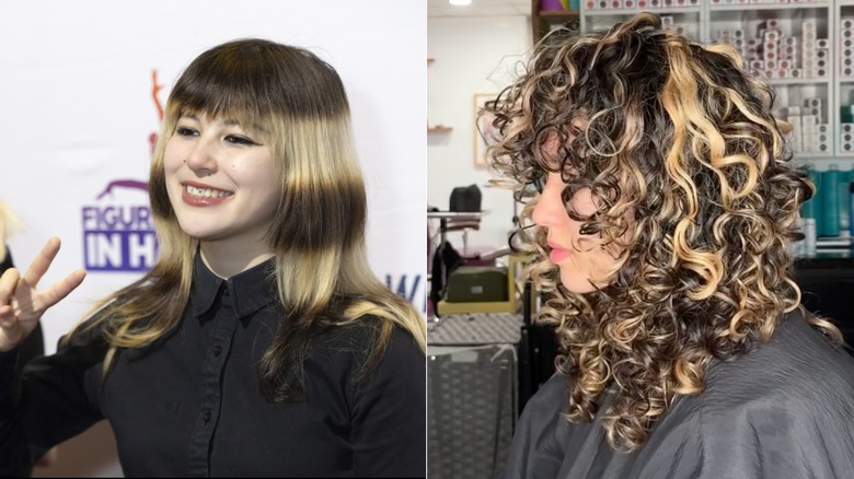 A side-by-side image of Alysa Liu's halo hair and a client getting chunky highlights in their curls