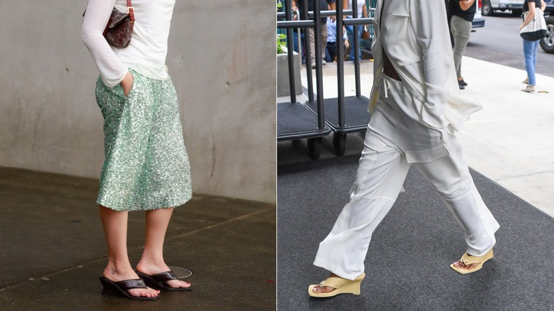 Two women wearing chunky wedge flip-flops