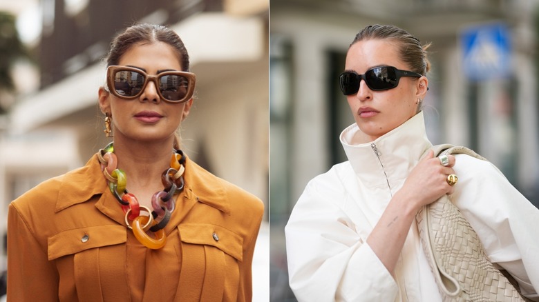 A side-by-side image of a woman wearing a chunky necklace on the left and a woman wearing chunky rings on the right