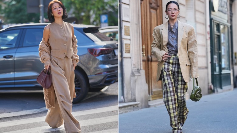 A woman in a beige matching vest set next to a woman with mixed separates