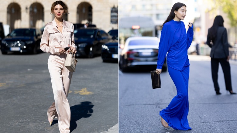 A woman in a neutral blush set vs a woman in a bright-blue outfit