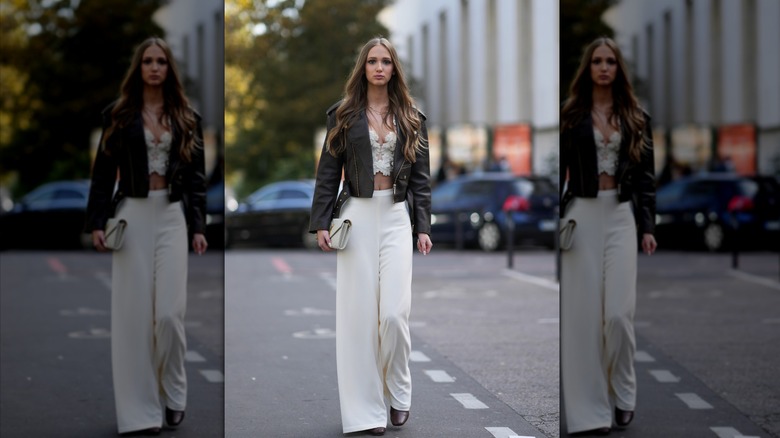 woman in leather jacket
