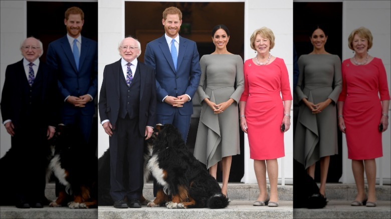 Meghan Markle wears a gray midi dress and carries a black bag