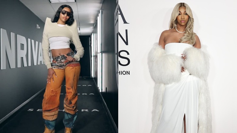 Angel Reese wearing the white dress that landed her on the worst dressed list (R) & Angel Reese wearing the burnt orange pants and crop sweater with shoulder pads that landed her on the worst dressed list