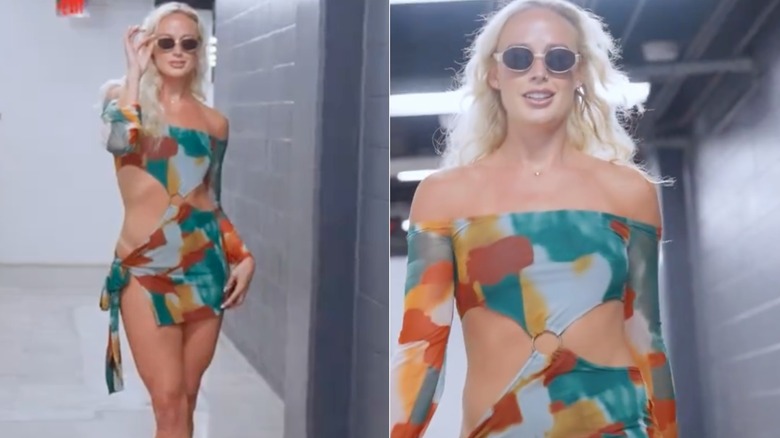 Sophie Cunningham of the Indiana Fever arrives before the game against the Atlanta Dream wearing black leather shoes, shorts and a vest