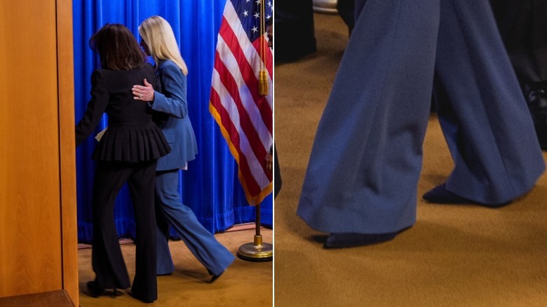 Pam Bondi leaves a press briefing at the Department of Justice