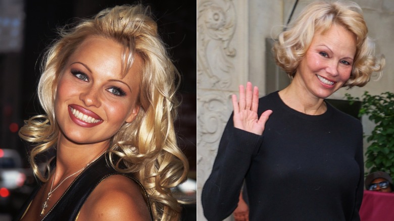 Pamela Anderson wearing full glam in the '90s on the left and makeup-free in the 2020s on the right
