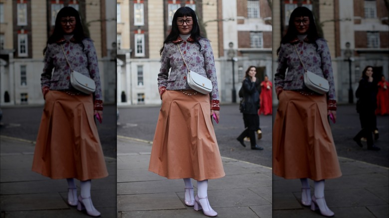 peach pleated midi maxi skirt