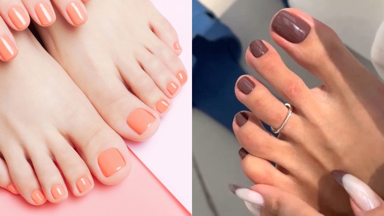 Side-by-side of womens' feet with peach and brown pedicures.