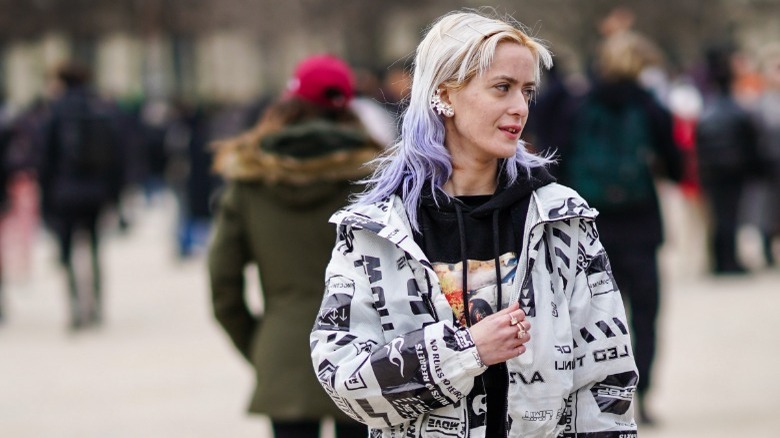 woman with blonde and lavender dip-dyed hair