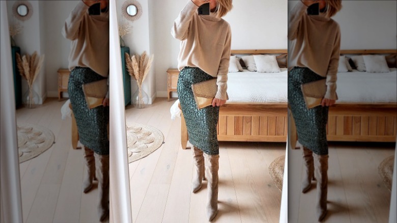 woman wearing green sequin pencil skirt