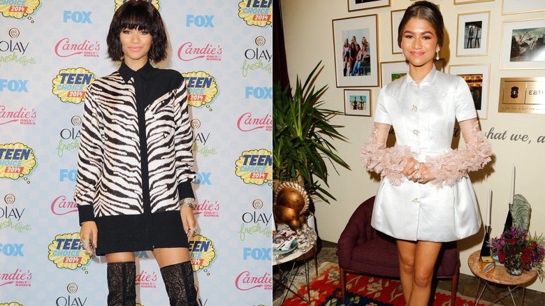 Zendaya in a striped shirt dress in 2014 and a white dress in 2016