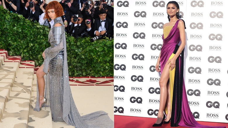 Zendaya in chainmail at the 2018 Met Gala and in a structured two-toned gown