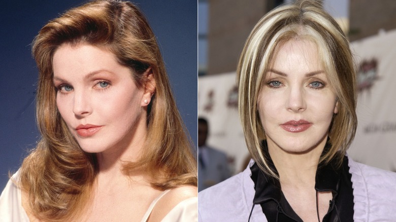 Side-by-side photos of Priscilla Presley show her with two difference hair colors: one caramel brown shade (left) and a blond skunk stripe look (right).