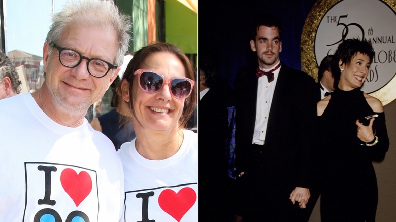 Side-by-side photos show Laurie Metcalf posing at events with first husband Jeff Perry and second husband Matt Roth