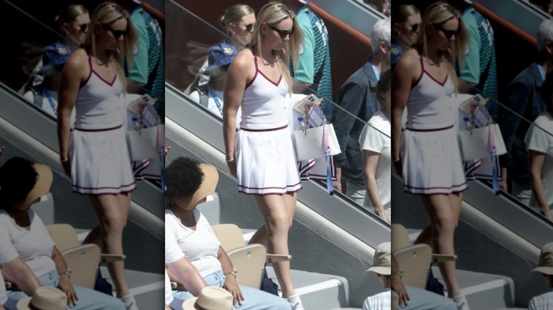 Lindsey Vonn arrives at a tennis match at the Paris Olympics