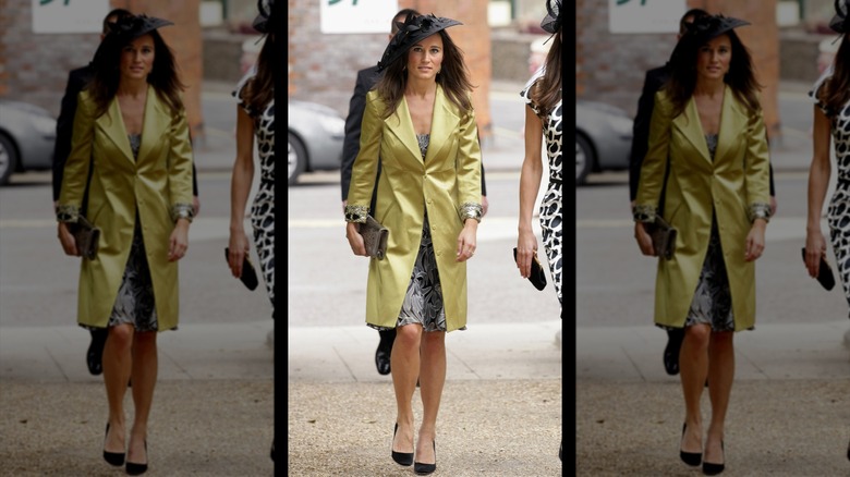 Pippa Middleton in a yellow coat with a black and silver dress