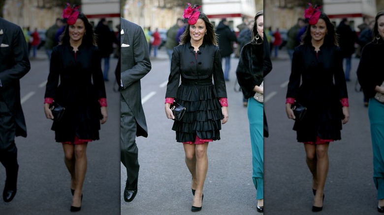 Pippa Middleton in a pink-and-black outfit in London