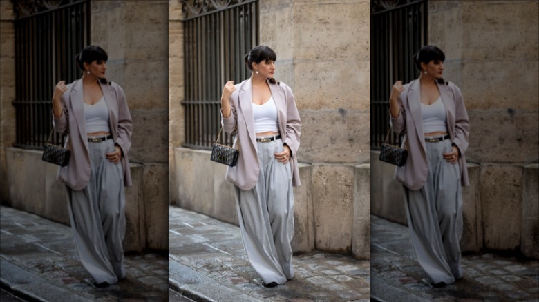 woman with pastel blazer and trousers