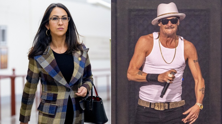 A side by side image of Lauren Boebert and Kid Rock
