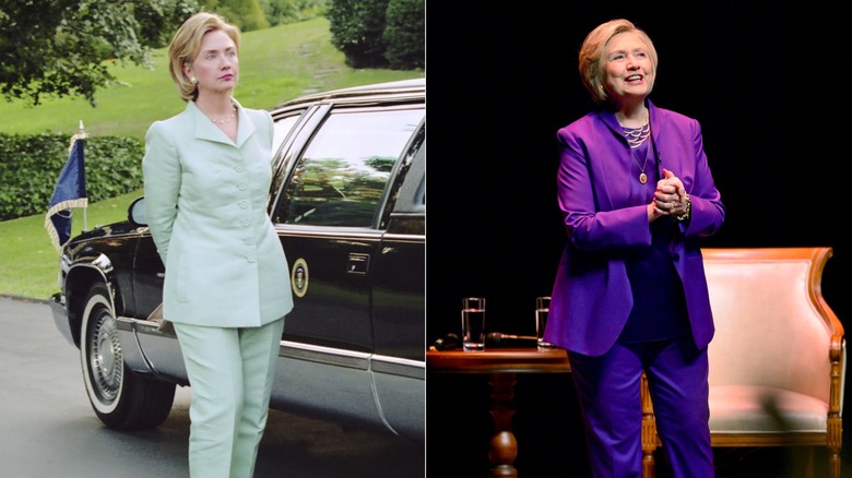 Hillary Clinton stands in a pantsuit in 1992 and in 2017