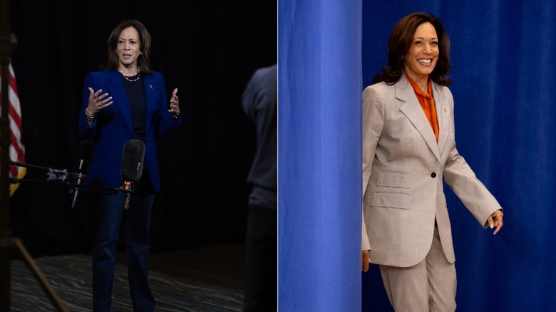 Kamala Harris makes appearances at political events win pantsuits of different neutral colors