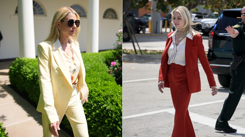 Pam Bondi stands in monochrome pantsuits