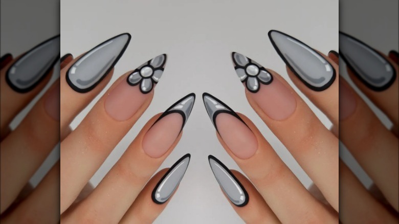 Gray flower pop art nails