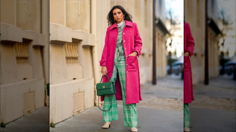 Green plaid pants bright pink coat