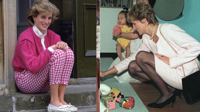 Princess Diana wearing white closed-toe loafers on the left and closed-toe heels on the right