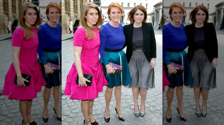 Princess Eugenie, Princess Beatrice, and Sarah Ferguson at a London wedding