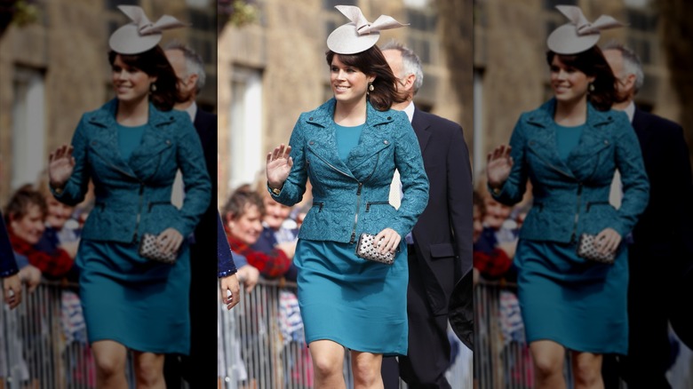 Princess Eugenie in a teal dress and textured jacket with a blush fascinator